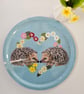 Hedgehogs in Primrose heart melamine tray, gloss finish, new home present