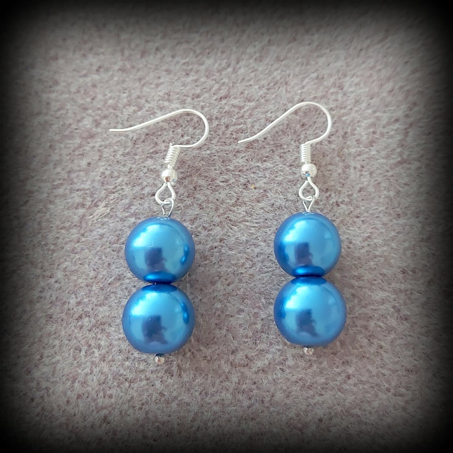 12mm Blue Glass Pearl Charm Dangle Earrings on Silver Plated Earring Hooks