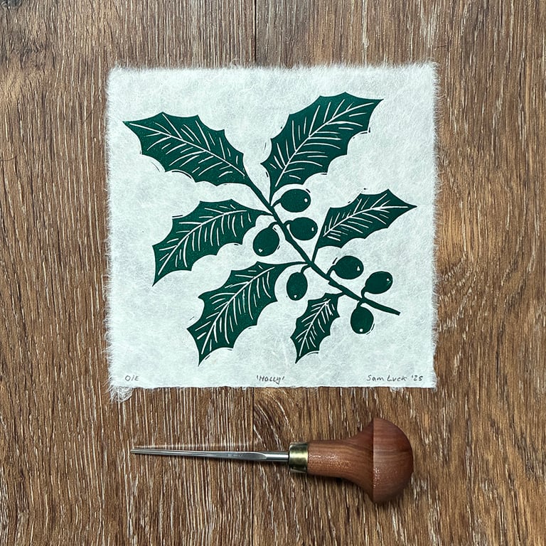 Green Holly Branch Original Lino Print – Handmade Paper Botanical Print