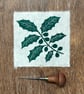 Green Holly Branch Original Lino Print – Handmade Paper Botanical Print