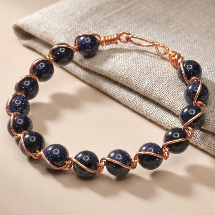 Blue Goldstone Bracelet Wire Wrapped with Copper,