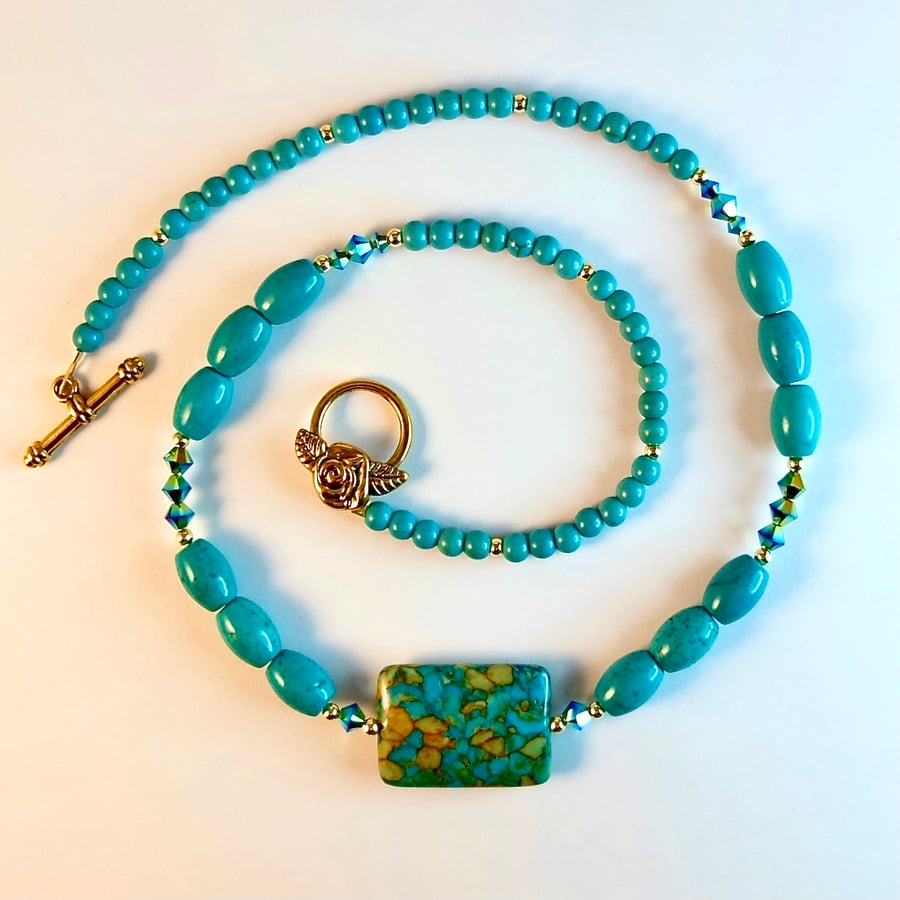 Turquoise Necklace With Swarovski Crystals - Handmade In Devon