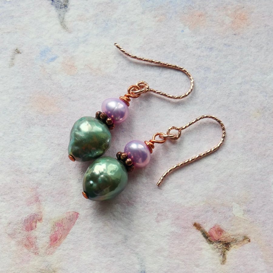 Green and Lilac Pearl Earrings - Sparkly Rose Gold Filled Ear Hooks