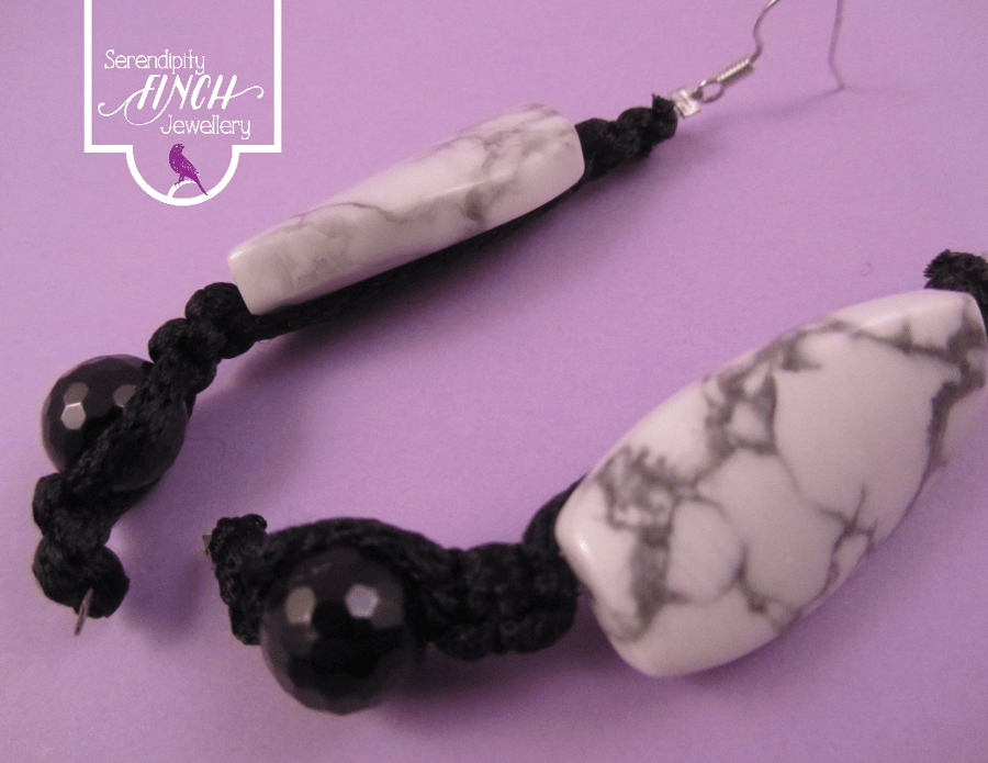 White Howlite Black Agate Macrame Dangle Earrings