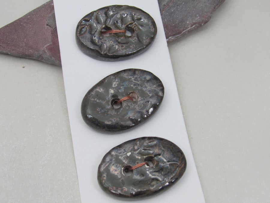 3 Medium Oval Obsidian Leaf Pattern Handmade Ceramic Buttons