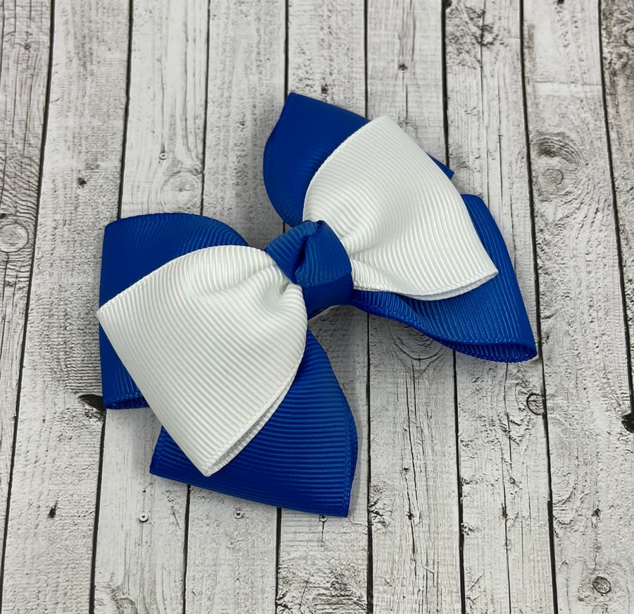 Royal Blue and White Top Knot Bow on Clip
