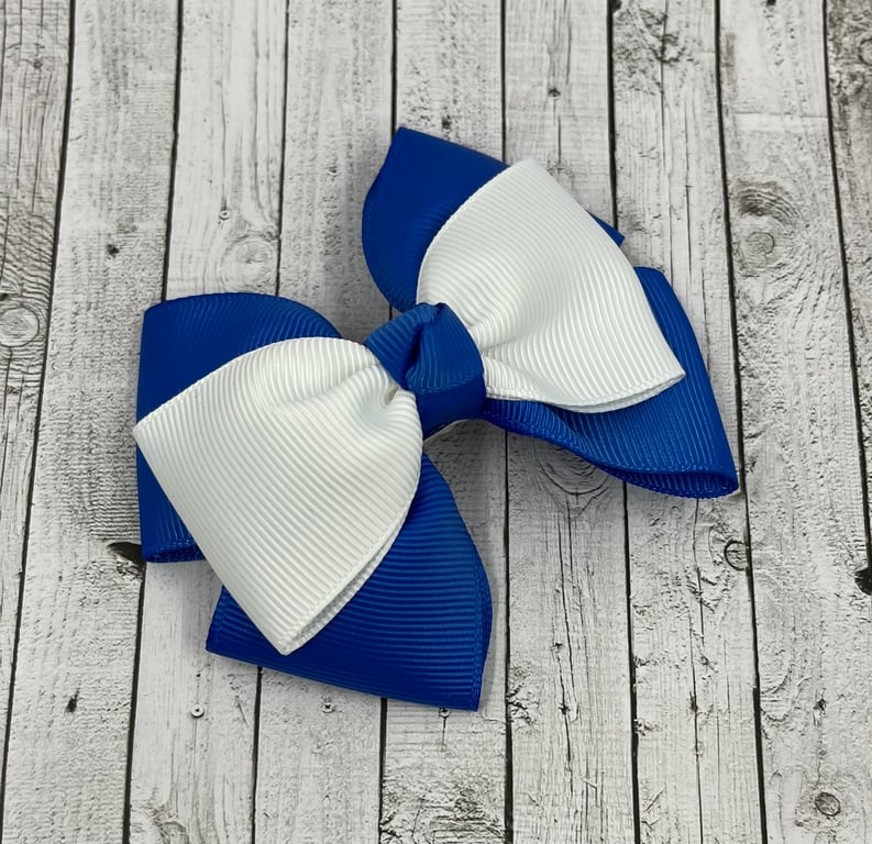 Royal Blue and White Top Knot Bow on Clip