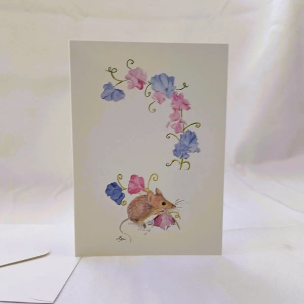 Mouse with Sweet Peas - Greetings card