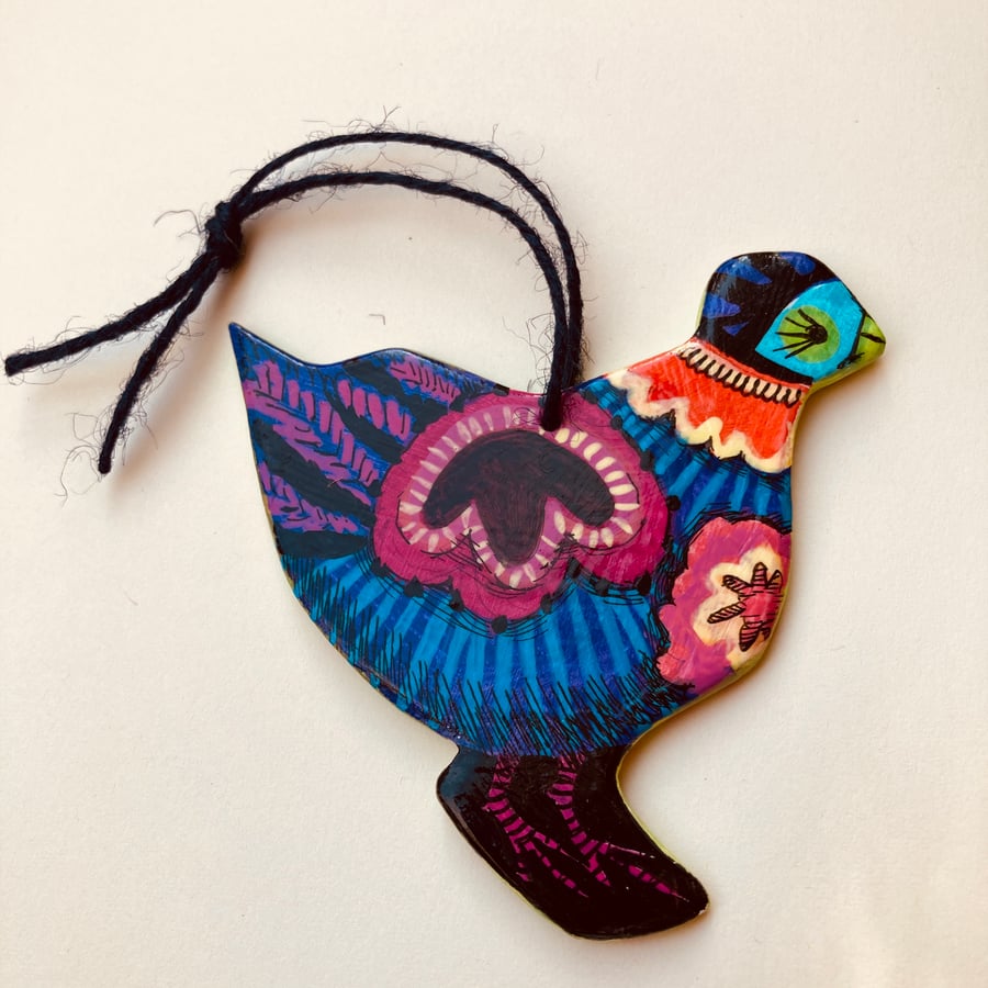 Multicoloured hanging chicken with pink and green reverse, handpainted wood