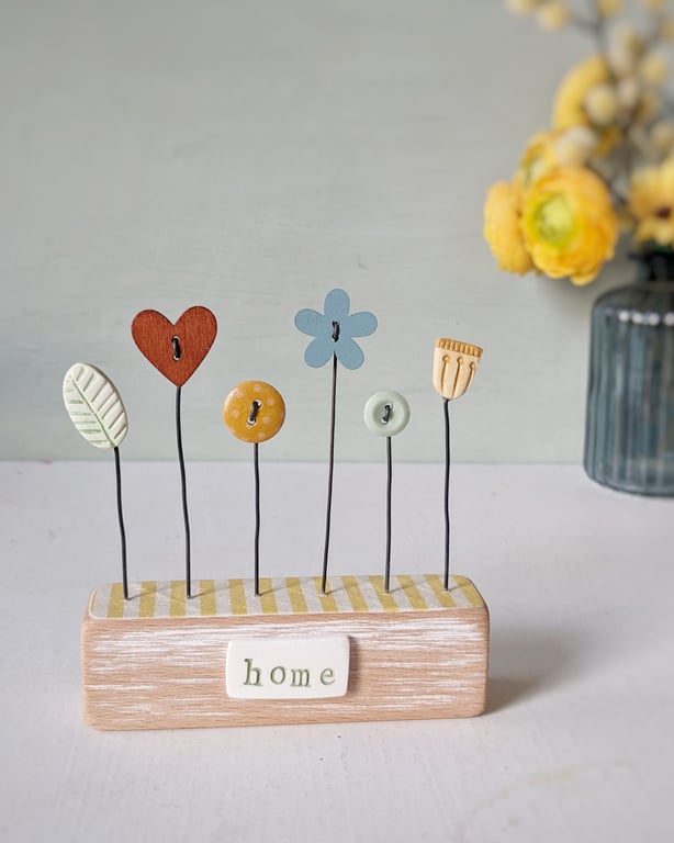 Clay and Button Flower Garden in a Wood Block 'Home'