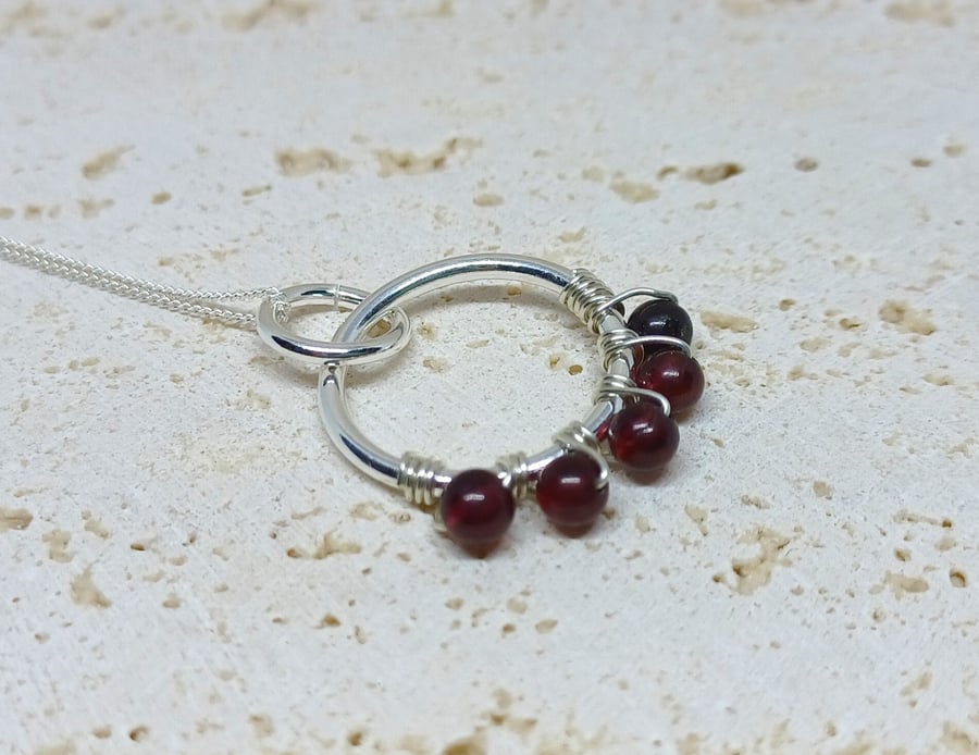 Garnet Wire Wrapped Hoop Pendant, Sterling Silver Necklace, Garnet Necklace, Wir