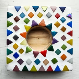 Handmade colourful mosaic tealight candle holder.