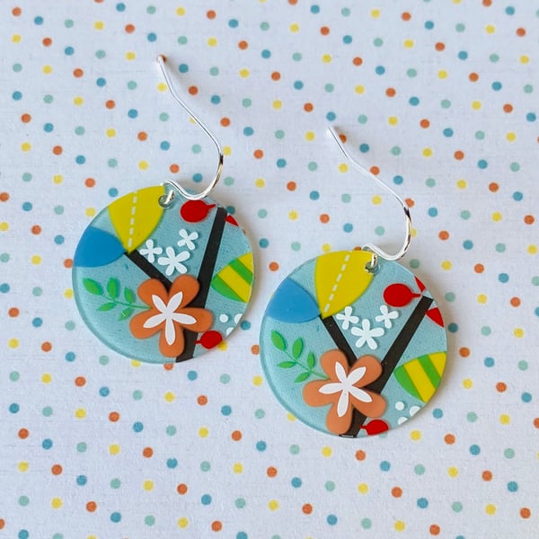 Recycled plastic multicoloured floral summer circle drop earrings