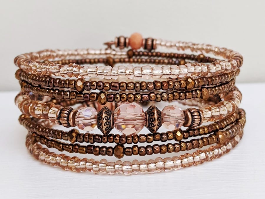 Memory Wire Seed Bead Bracelet in Copper and Peach, Stacked Coil Cuff Bangle