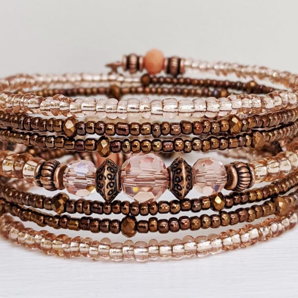 Memory Wire Seed Bead Bracelet in Copper and Peach, Stacked Coil Cuff Bangle