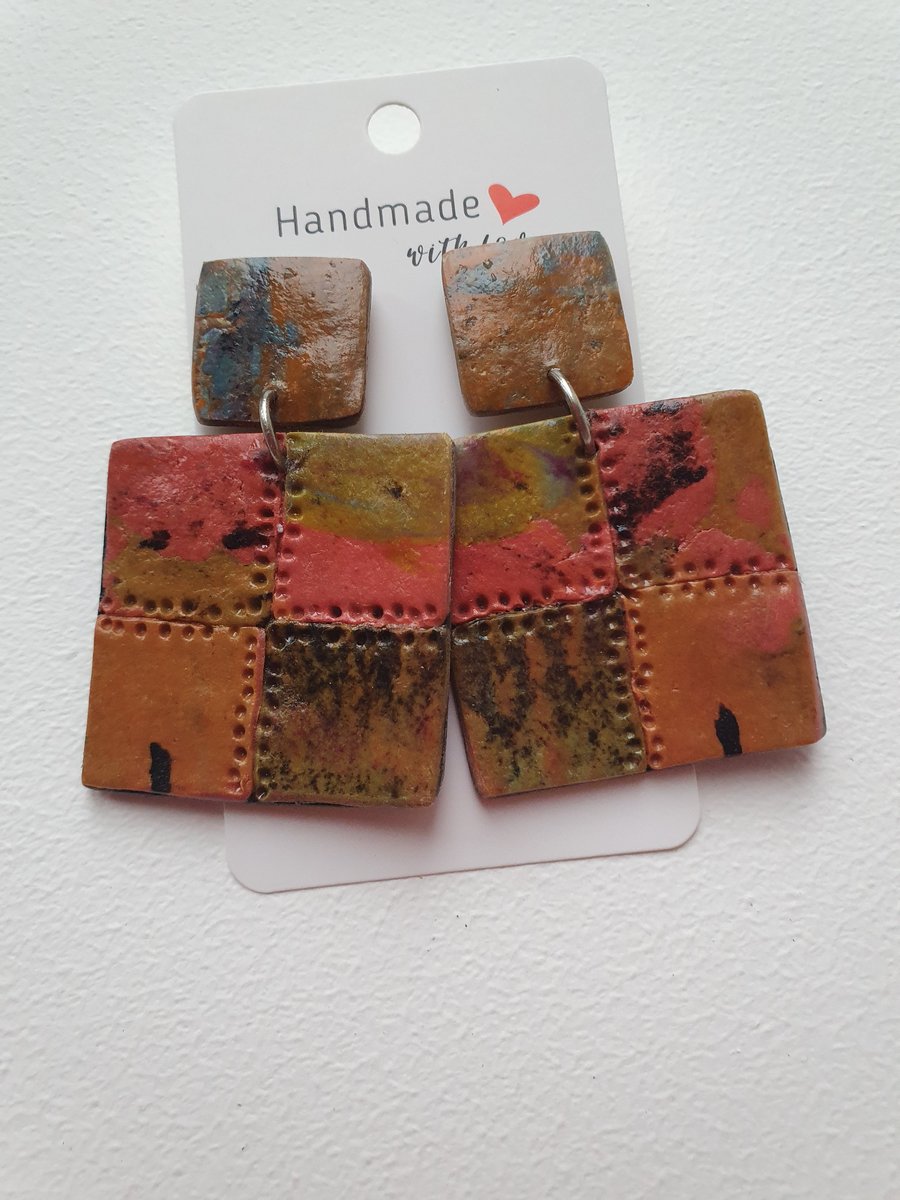 Artsy abstract  square dangles; Handmade unique  lightweight polymer clay stainl