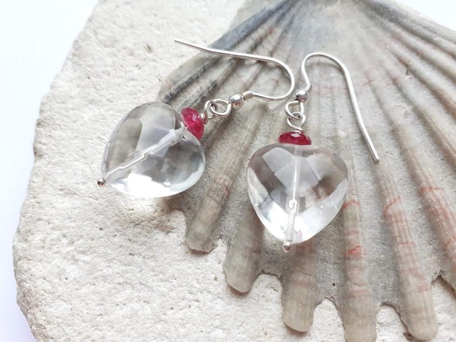 Heart shaped Rock Crystal Quartz and Ruby Sterling Silver Dangle Earrings