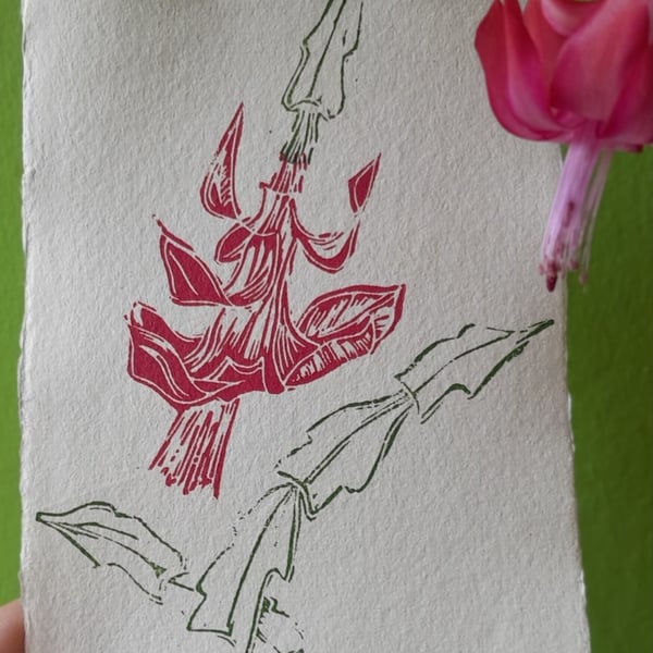 'Christmas Cactus' Lino Print on Off-White Paper