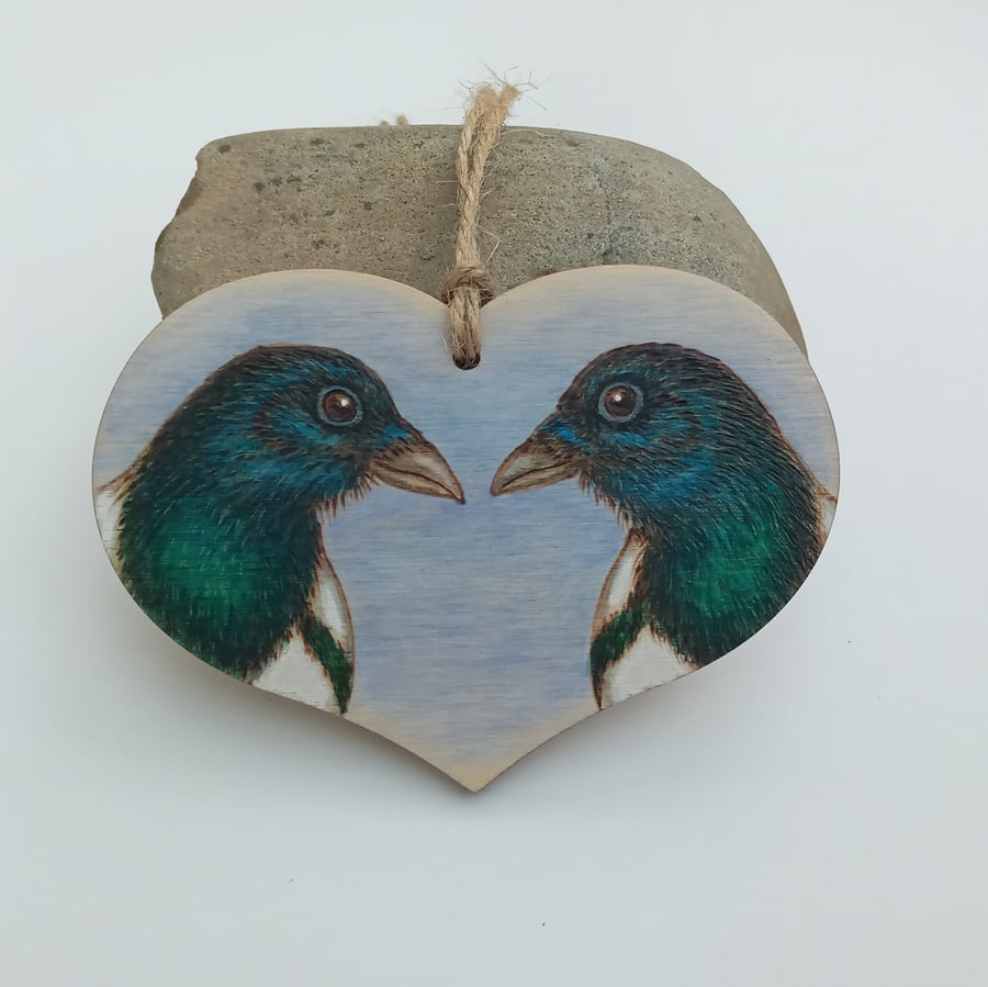 Magpie pyrography hanging ornament 
