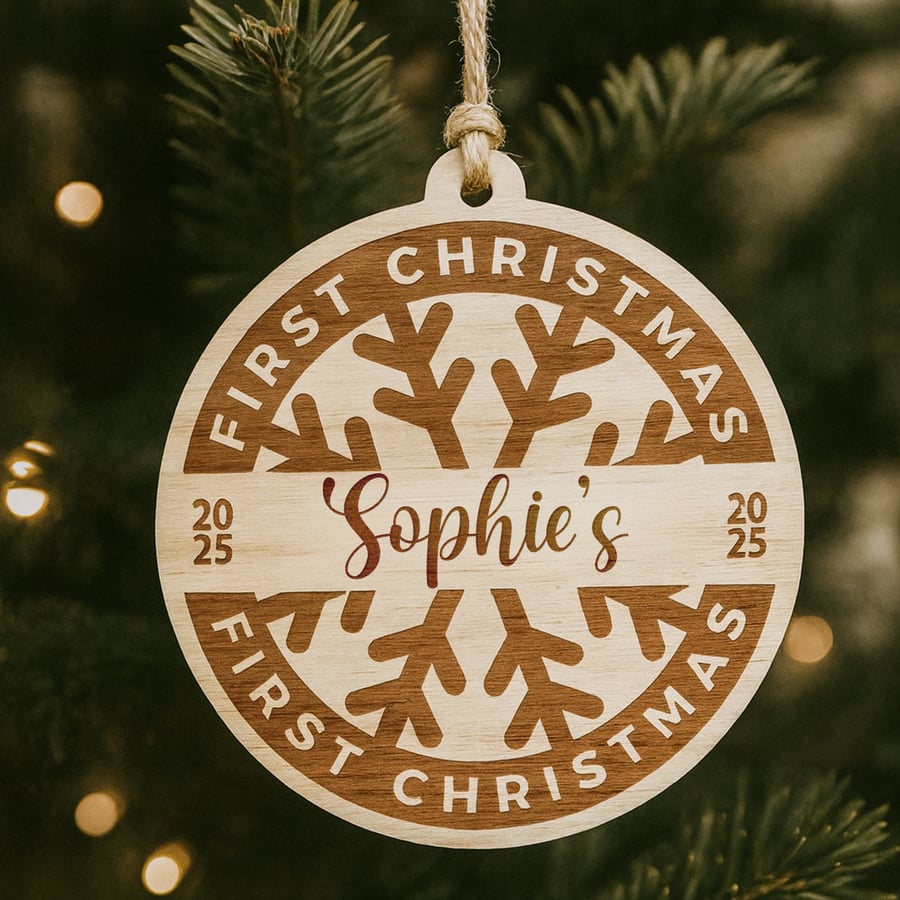 Personalised Baby’s First Christmas Wooden Bauble – Snowflake Custom Name & Year