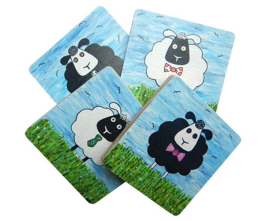 Hand Painted Solid Wood 'Sheep' Coasters, Set of 4.