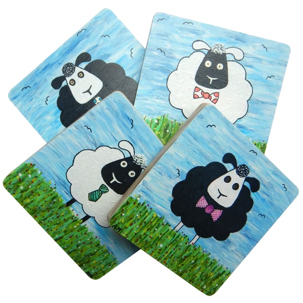 Hand Painted Solid Wood 'Sheep' Coasters, Set of 4.