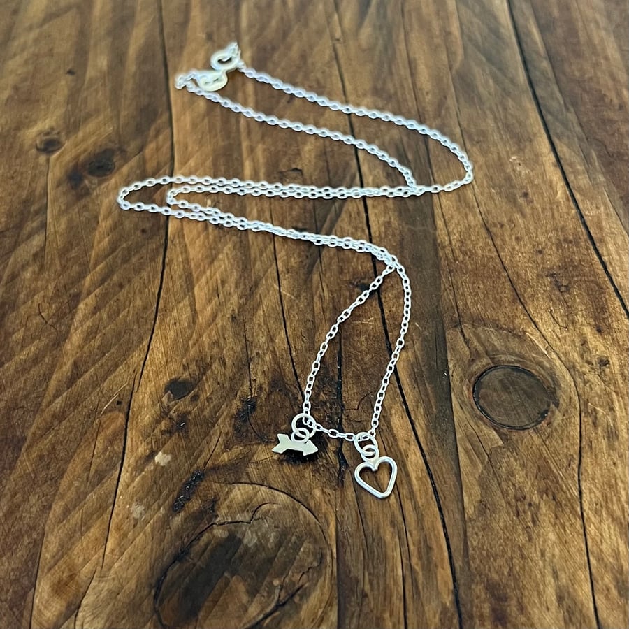 Heart & Arrow Pendant - Handmade, Sterling Silver, 18" Trace Chain