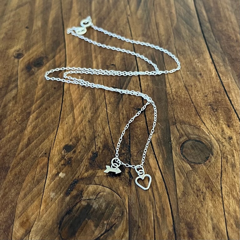 Heart & Arrow Pendant - Handmade, Sterling Silver, 18" Trace Chain