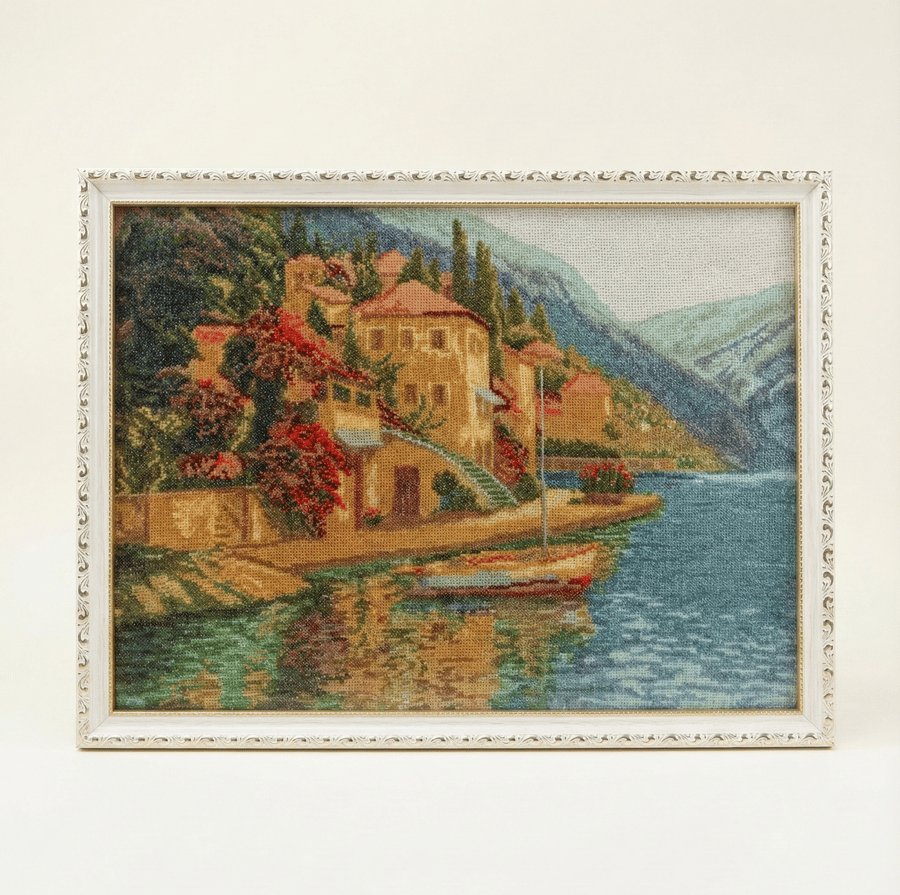 Finished Framed Cross Stitch Mediterranean Landscape - Completed Embroidery Gift