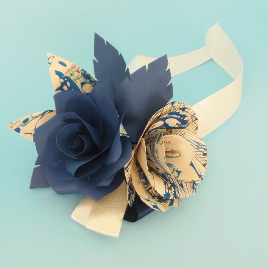 Blue Marbled Rose, Navy and Ivory Corsage Buttonhole Alternative Flowers