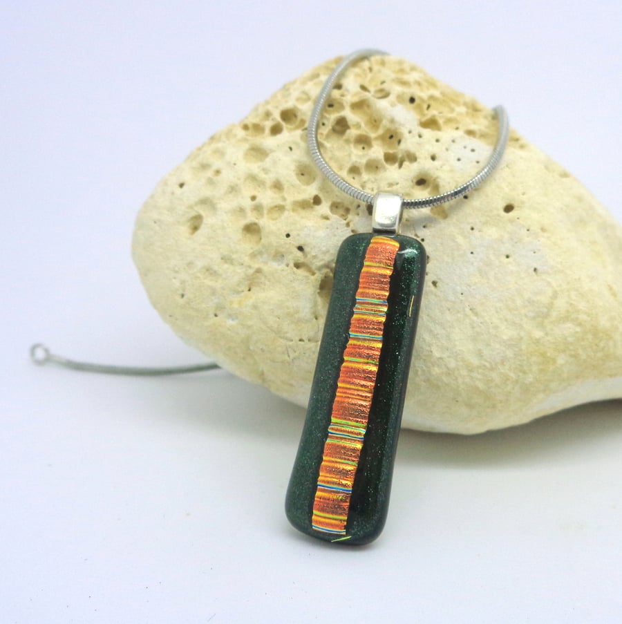 Dichroic glass pendant art Dreams, red, gold & green