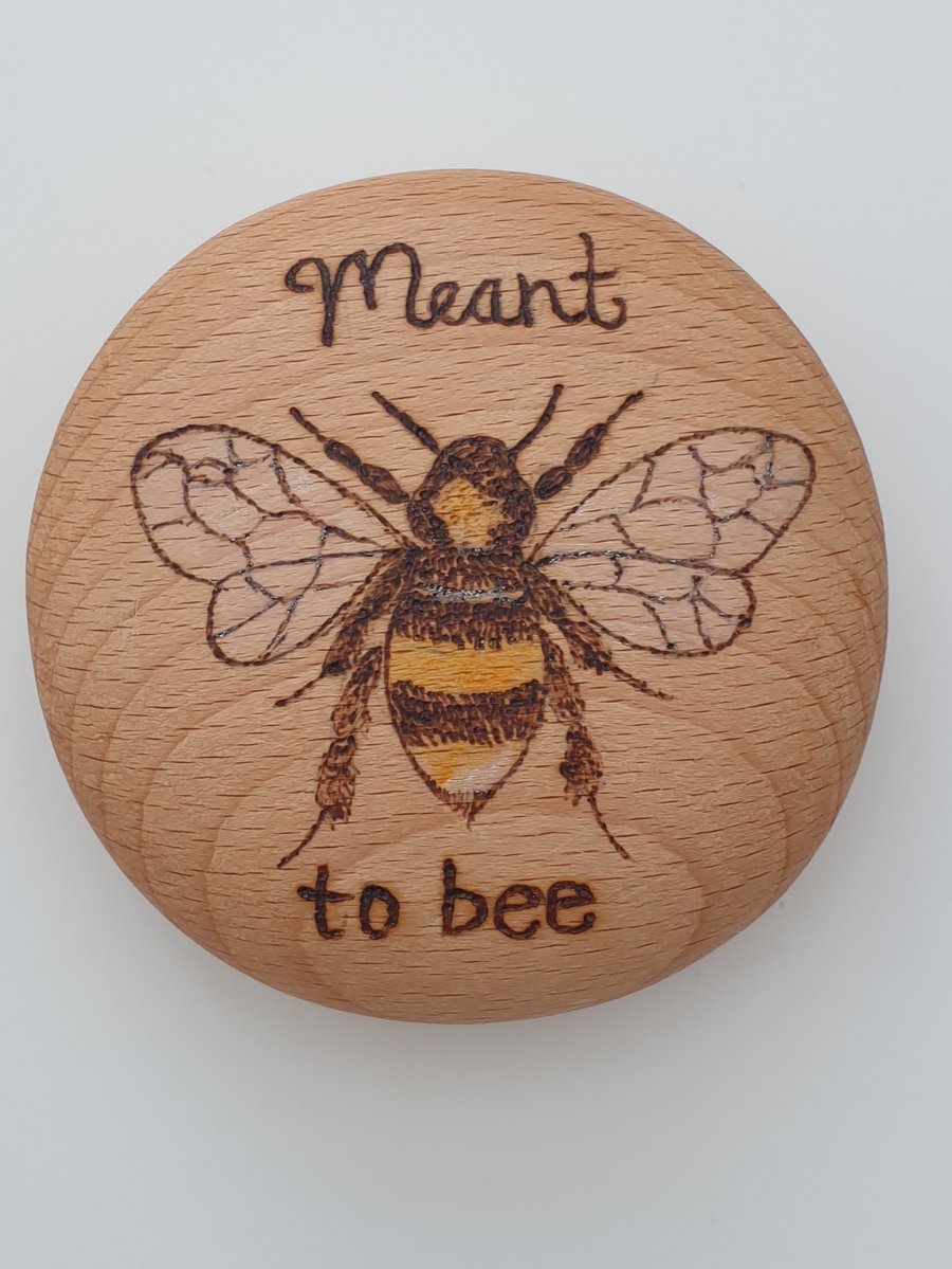 Bee Meant to bee pyrography round wooden pebble ornament 