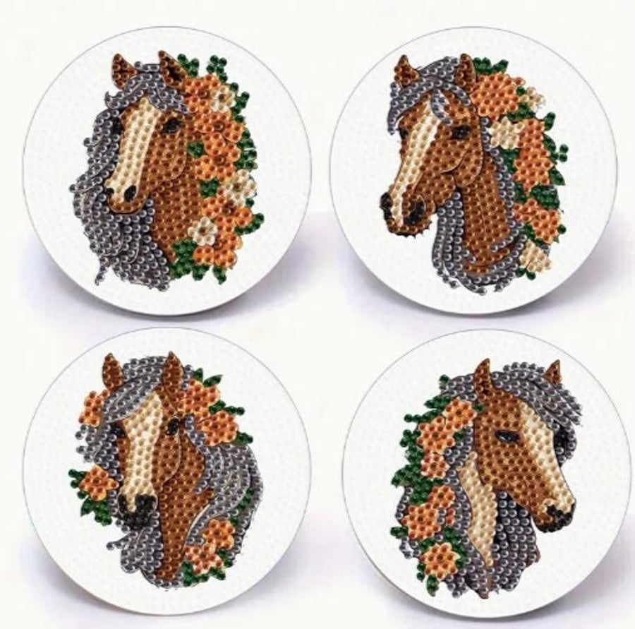 4pcs 5D Diamond Painting Art Coasters Majestic Horse Coasters DIY Floral Diamond