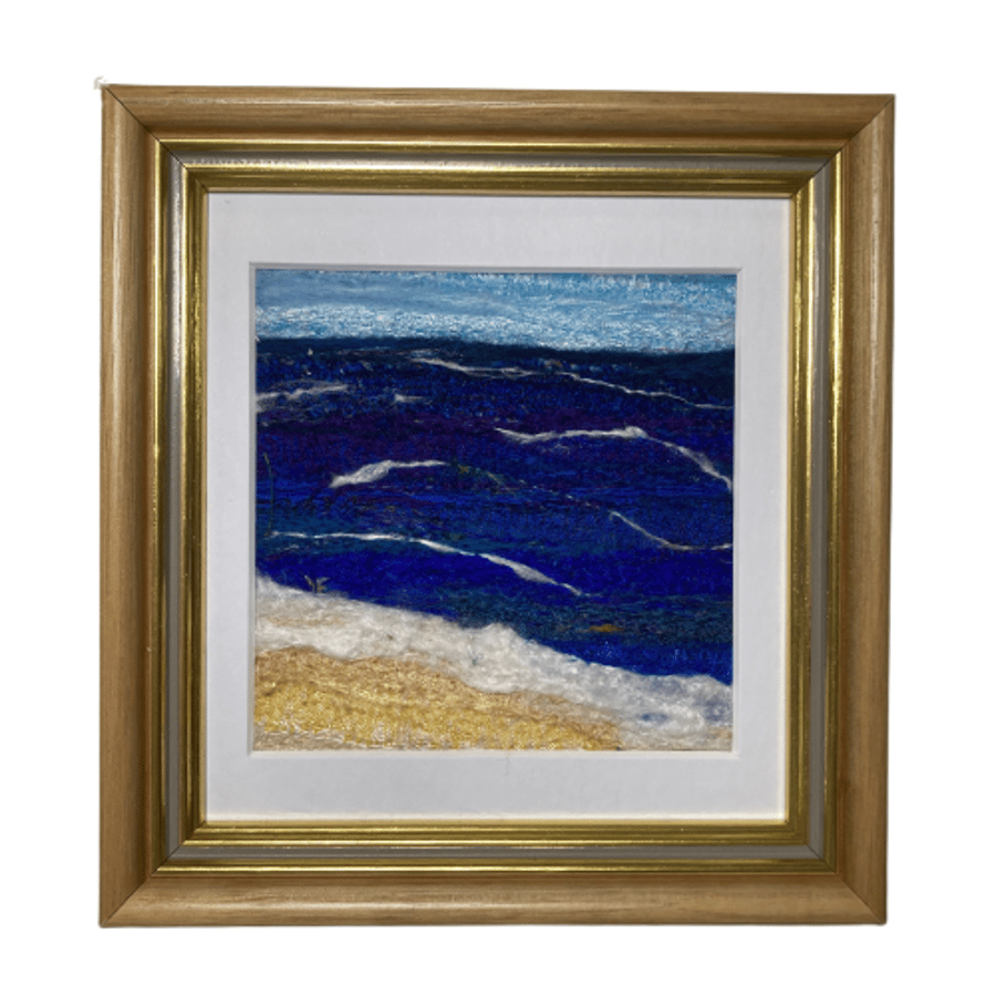 Needle felted silk and wool textile art picture - Choppy seas