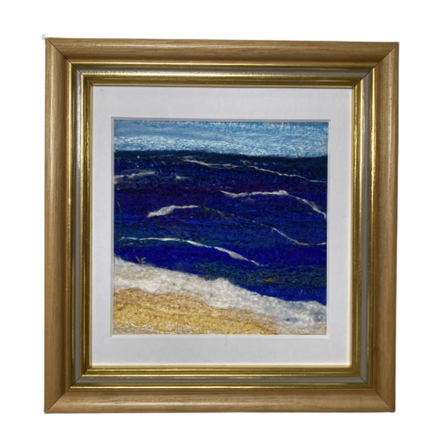Needle felted silk and wool textile art picture - Choppy seas