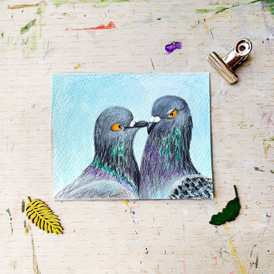 Original Pigeon Couple 2 Painting - Mixed Media - One of a kind