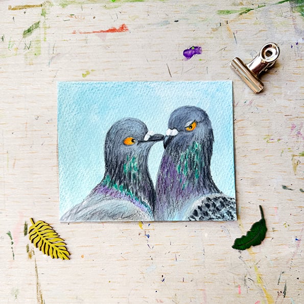 Original Pigeon Couple 2 Painting - Mixed Media - One of a kind
