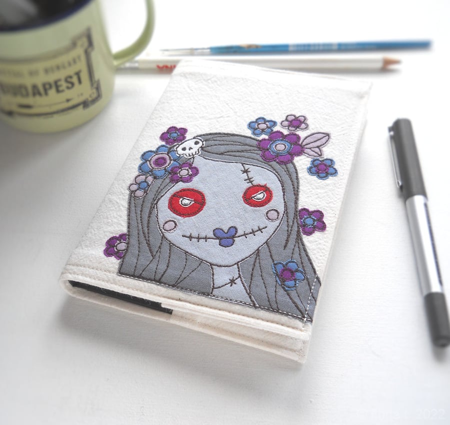 freehand embroidered floral lady zombie A6 sketchbook grey purple