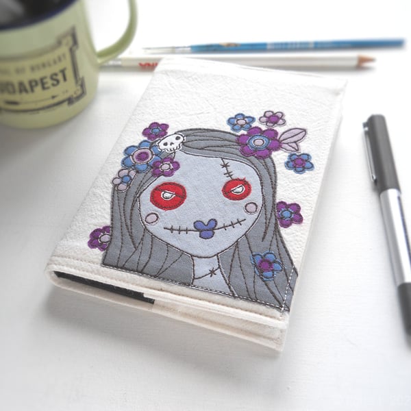 freehand embroidered floral lady zombie A6 sketchbook grey purple