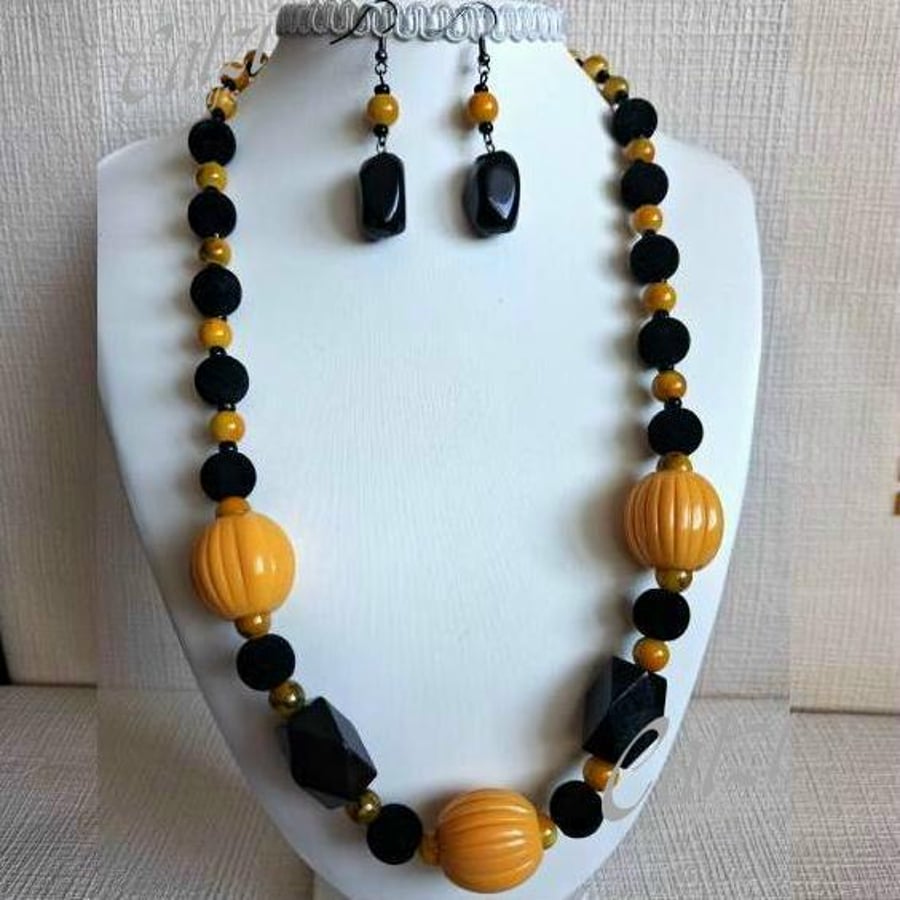 Yellow & Black Chunky Necklace & Earrings Set