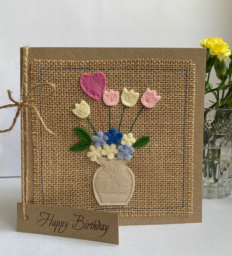 Birthday Card. Heart and flowers. Wool felt. Handmade Card.