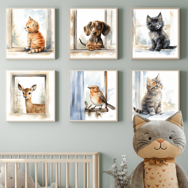 Watercolour Nursery Prints - 'Cute Window Animals' - Cat, Dog, Bird, Deer Prints