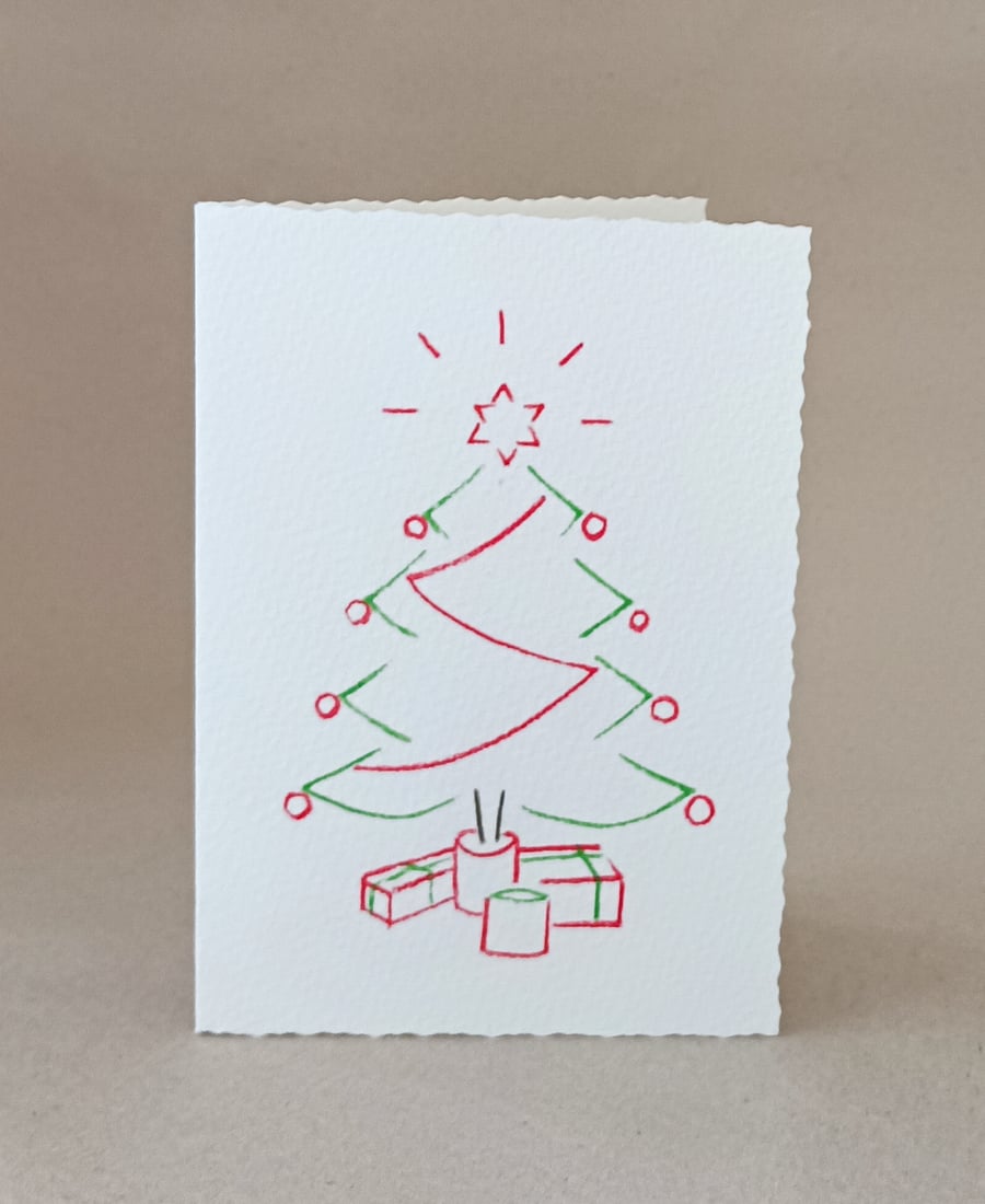 Christmas Tree handdrawn card from handcut stencils, blank inside