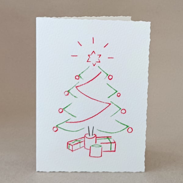 Christmas Tree handdrawn card from handcut stencils, blank inside