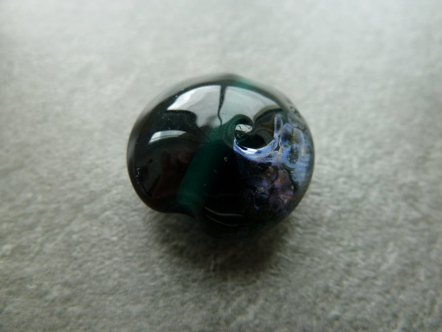 handmade lampwork glass bead, green and silver focal