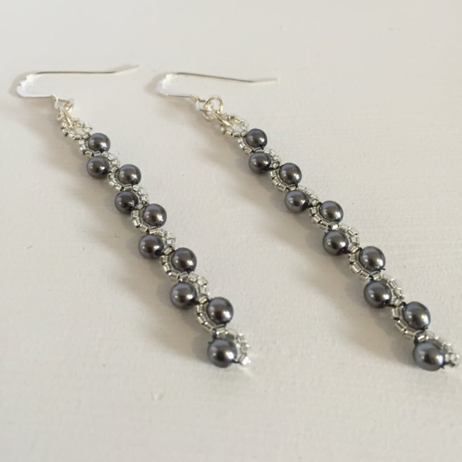 Dainty Dark Grey Earrings, Grey Pearl Handwoven Jewellery for Special Occasions.