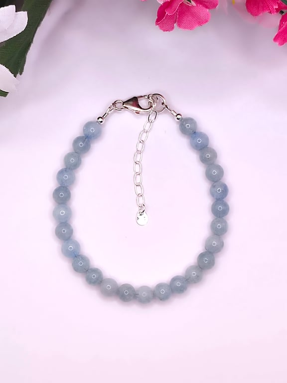 Aquamarine Gemstone Bracelet with Sterling Silver clasp and extension chain