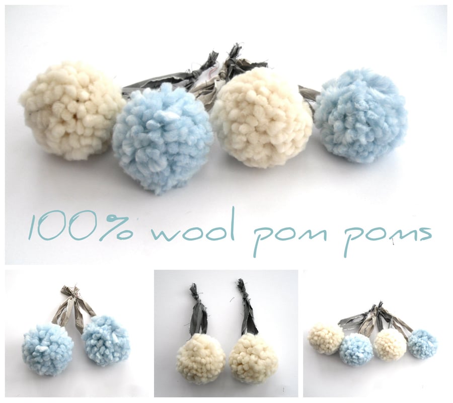 100% wool pom poms 3.5" wide with raw silk hangers 