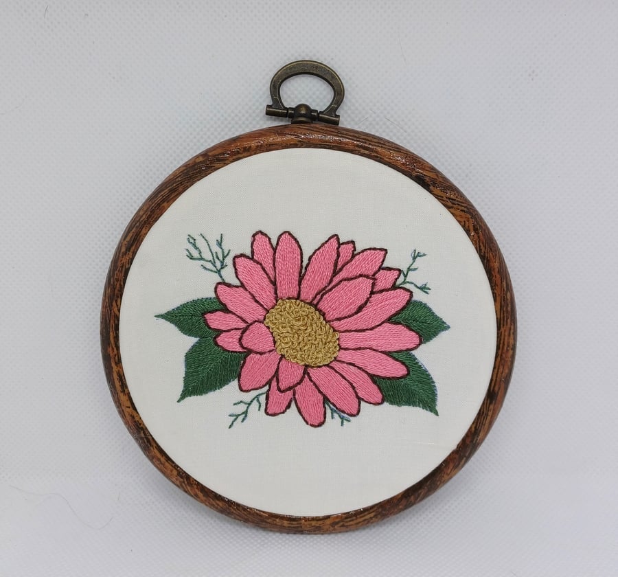 Pink Gerbera Daisy Flower Hand Embroidery Hoop