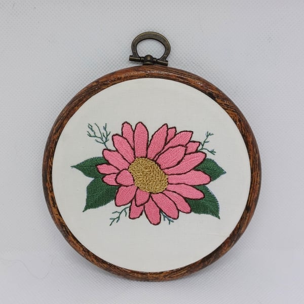 Pink Gerbera Daisy Flower Hand Embroidery Hoop